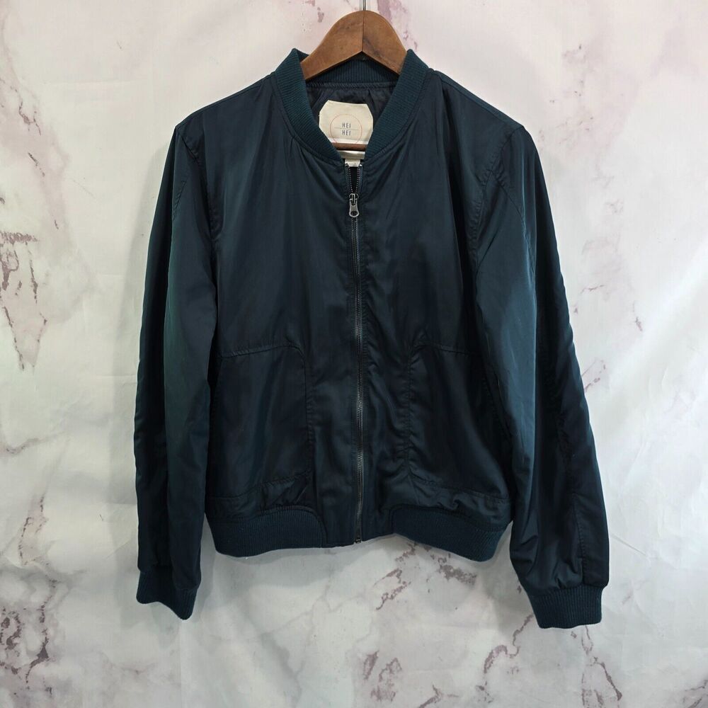 Anthropologie Jacket Womens Medium Green Bomber Zip Satin Hei Hei Forest Dark